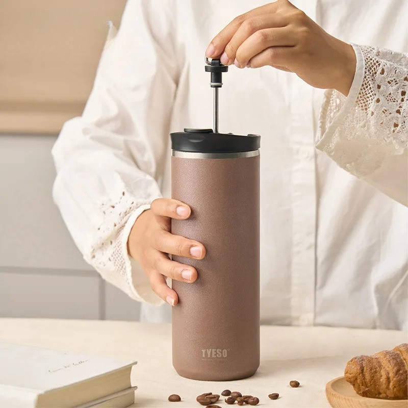 French Press Travel Mug 304 สแตนเลสแบบพกพา Cold Brew เครื่องชงกาแฟชา Infuser Double-Wall ฉนวนกระติกน้ําร้อน
