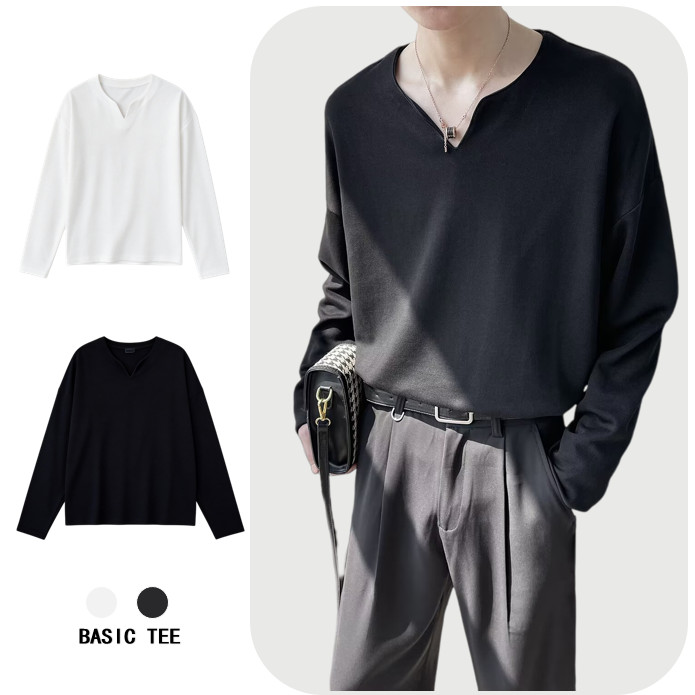 เสื้อยืดแขนยาว คอวี ทรงหลวม สีพื้น เข้ากับทุกการแต่งกาย แฟชั่นฤดูใบไม้ผลิ และฤดูร้อน สไตล์เกาหลี สําหรับผู้ชาย