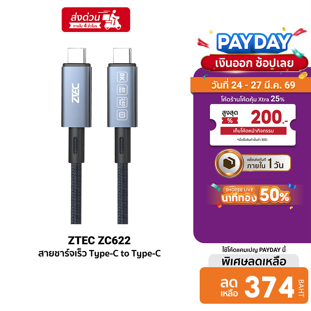 [ลดเหลือ 374] ZTEC ZC622 สายชาร์จไนลอนถัก 240W USB-C to USB-C Thunder 4 / 3 , USB4 เชื่อมต่อภาพขึ้นส