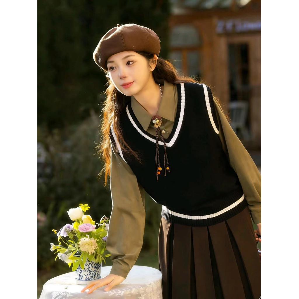 Preppy สไตล์ v คอถักเสื้อกั๊กเสื้อกั๊กผู้หญิงสไตล์เกาหลีหลวมขี้เกียจ Layered ไม่จํากัดเสื้อกั๊กเสื้อ