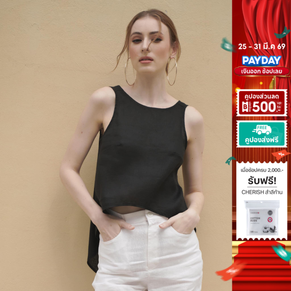 INCO WOMEN เสื้อแขนกุดผู้หญิง เปิดหลังแบบผูก สำหรับผู้หญิง ผ้าลินิน100%