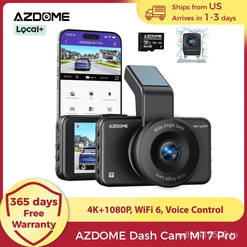 AZDOME Dash Cam M17 Pro 4K + 1080P ด้านหน้าและด้านหลัง Dash กล้องสําหรับรถยนต์ WiFi 6 ADAS รถ DVR คว