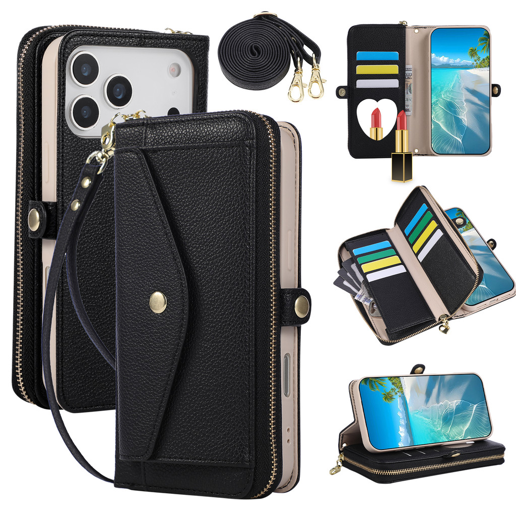เคสโทรศัพท์ เคส Card Case สําหรับ iPhone15 Pro Max พร้อมสาย lanyard Flip Cover พร้อมผู้ถือบัตรกระเป๋าใส่เหรียญสําหรับ iPhone 16 PRO MAX 17 PRO MAX 14 15 16 Plus Case 13 12 11 promax พร้อมกระจก