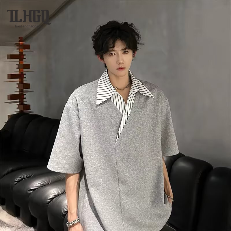 เสื้อโปโลผู้ชาย แบบสองชิ้น คอปกปลอม แขนสั้น