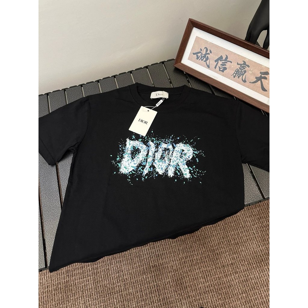 Dior เสื้อยืดแขนครึ่ง ผ้าฝ้ายแท้และไหมพรม สำหรับคู่รัก และทรง oversized