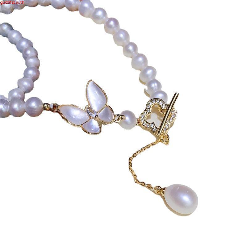 6-7 มม. สร้อยคอมุกน้ําจืดธรรมชาติวินเทจผีเสื้อโคลเวอร์สี่ใบOTหัวเข็มขัดโซ่กระดูกไหปลาร้า