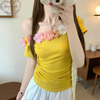 เสื้อผ้าผู้หญิงฤดูร้อนใหม่ ออกแบบสไตล์แฟชั่นฝรั่งเศส กระโปรงหยิกเอวอ่อนโยน ไหล่เปิด สลิม핏