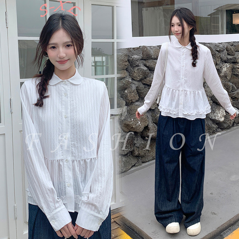 w714 เสื้อเชิ้ตสตรีลายทางสีขาว แขนยาว ปกคอสไตล์ลายหูฉลาม
