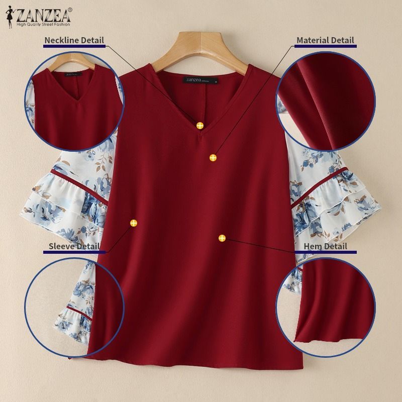 ZANZEA สไตล์เกาหลี ผ้าพิมพ์ลาย꽃 คอวีแขนระบาย สีบล็อกสำหรับสาวๆ — صورة 7