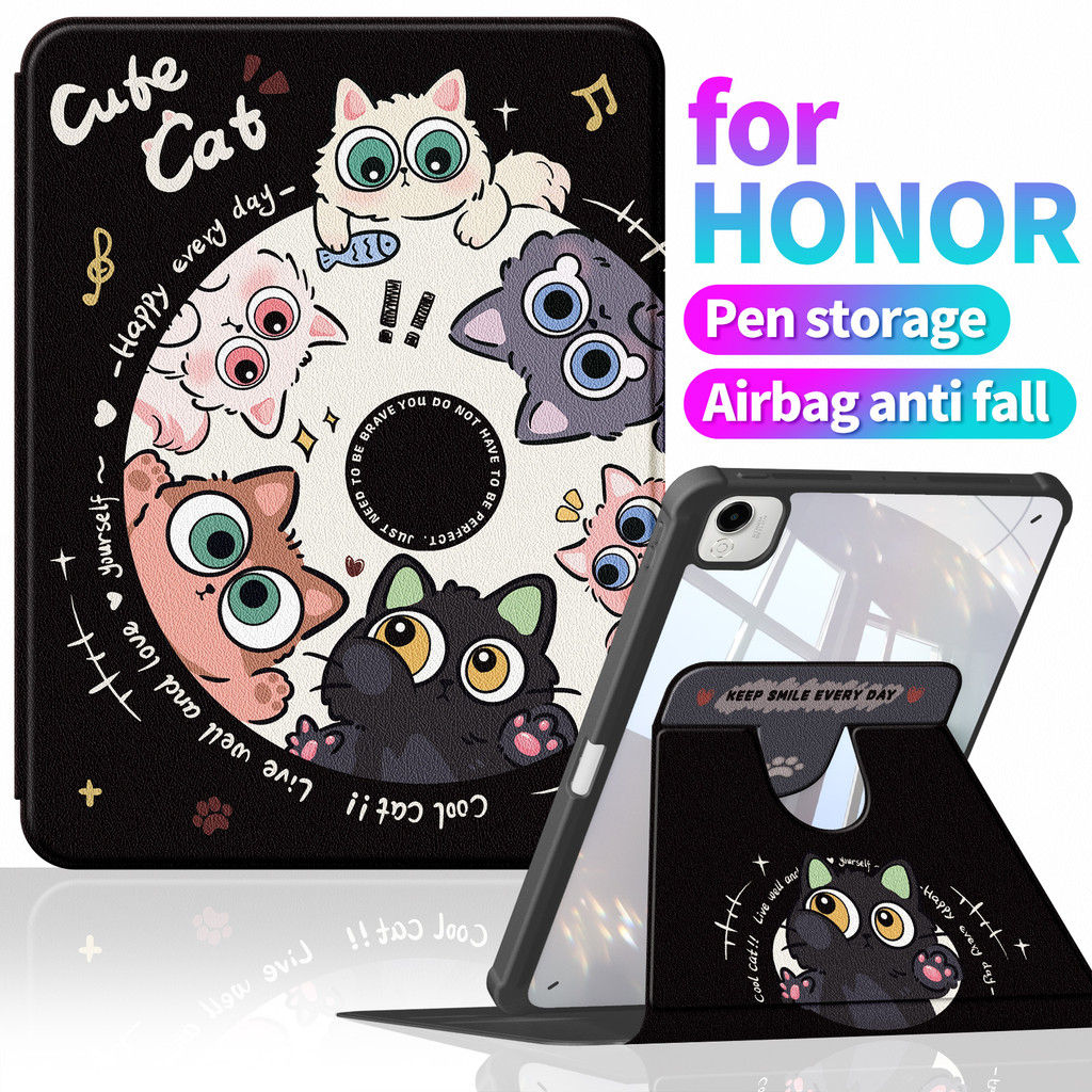 A1277แมวน่ารักแมวเหมาะสําหรับ HONOR Pad X9a 11.5 "เคสป้องกัน丨หนัง+TUP Soft Edge+อะคริลิคใสHard Backplane Design 丨ขาตั้งหน้าจอแนวตั้งแนวนอน丨ทนต่อการสึกหรอShock-Resistant Pad9 Pad10 12 "X1a 11 "360°หมุนหมุน