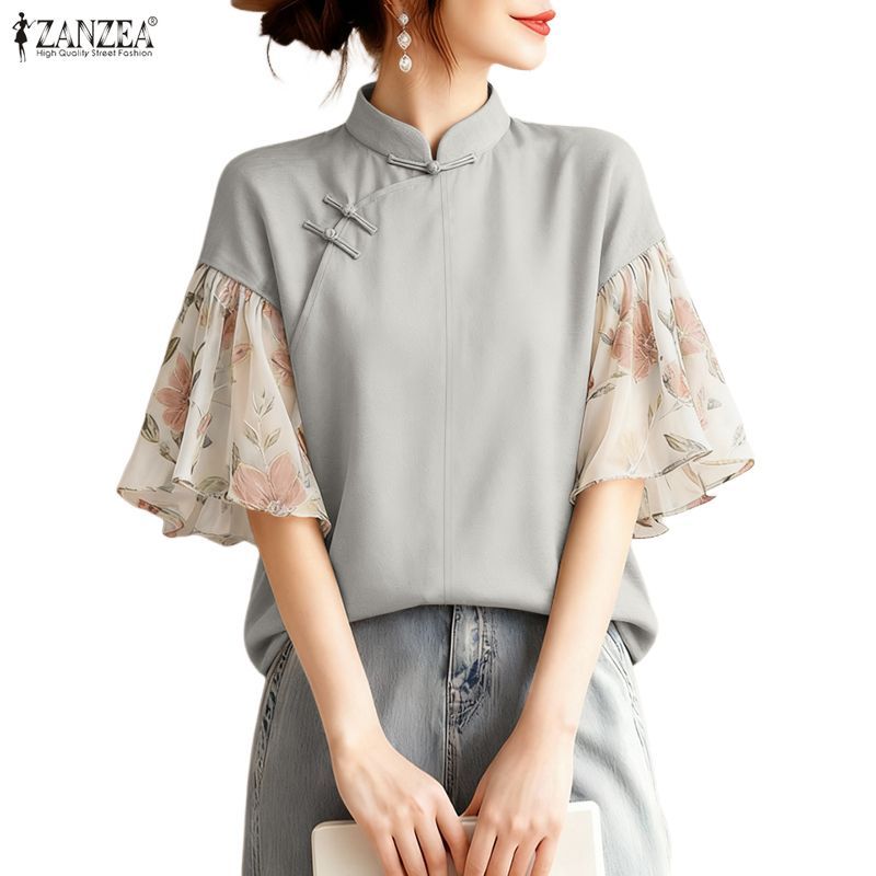 ZANZEA ใส่ ซานเซีย ผู้หญิงเกาหลีใหม่สไตล์จีนยืนปกแขนบานกบปุ่มดอกไม้พิมพ์เย็บปะติดปะต่อกันเสื้อ