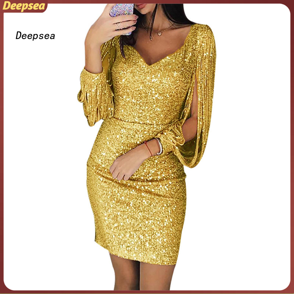 DPA Party ผู้หญิง Glitter V คอ Hollow Out พู่แขนยาว Bodycon Mini Dress Gown