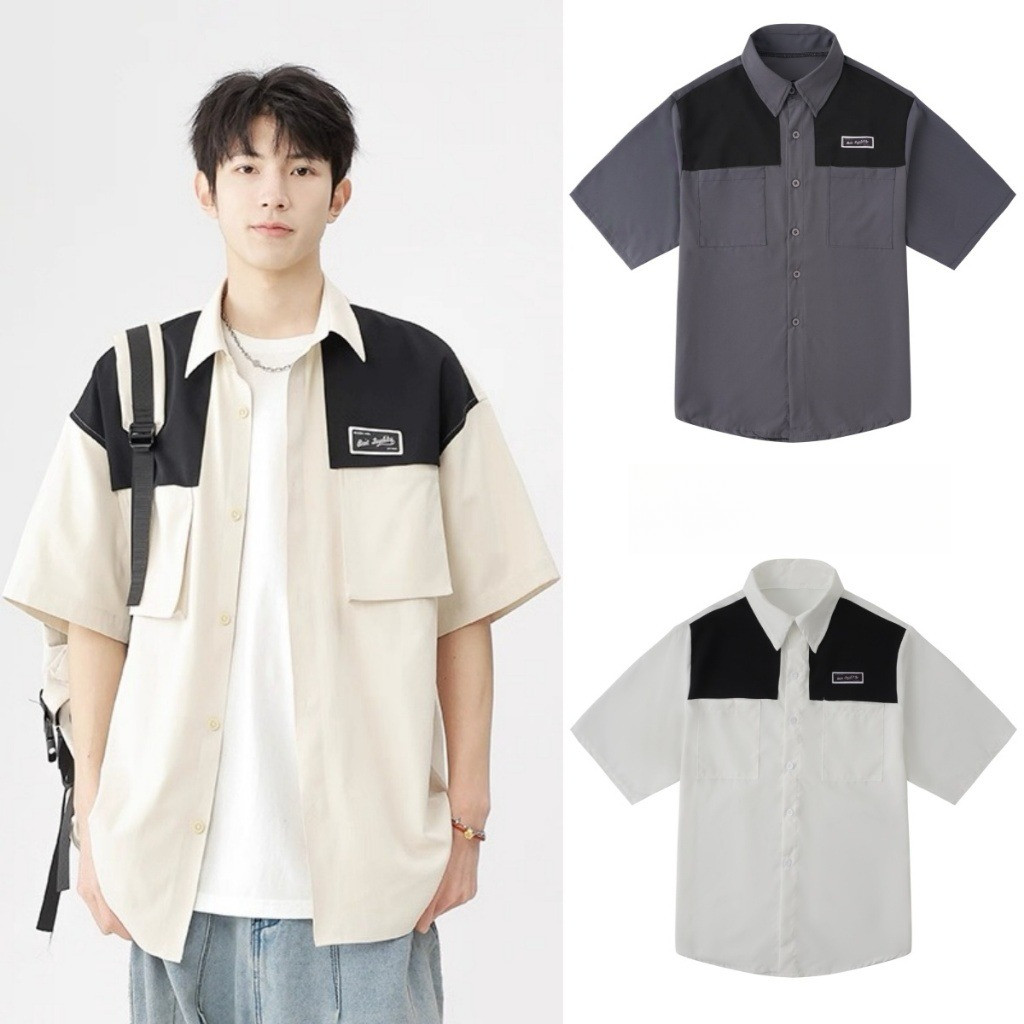 Chaistyle เสื้อเชิ้ตผู้ชาย เสื้อยืดแขนสั้น มีกระเป๋า ความรู้สึกของการออกแบบ ฤดูร้อนรุ่นใหม่ แฟชั่นทรงหลวม