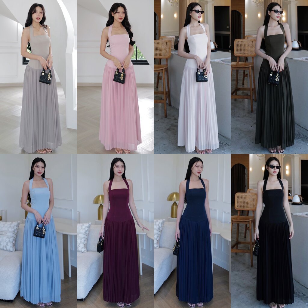 #5875#Eve 🌟งานเดรสยาวค้องคอเว้าหลัง ช่วงกระโปรงอัดพีทสวยจริง มีซับ ซิปหลัง