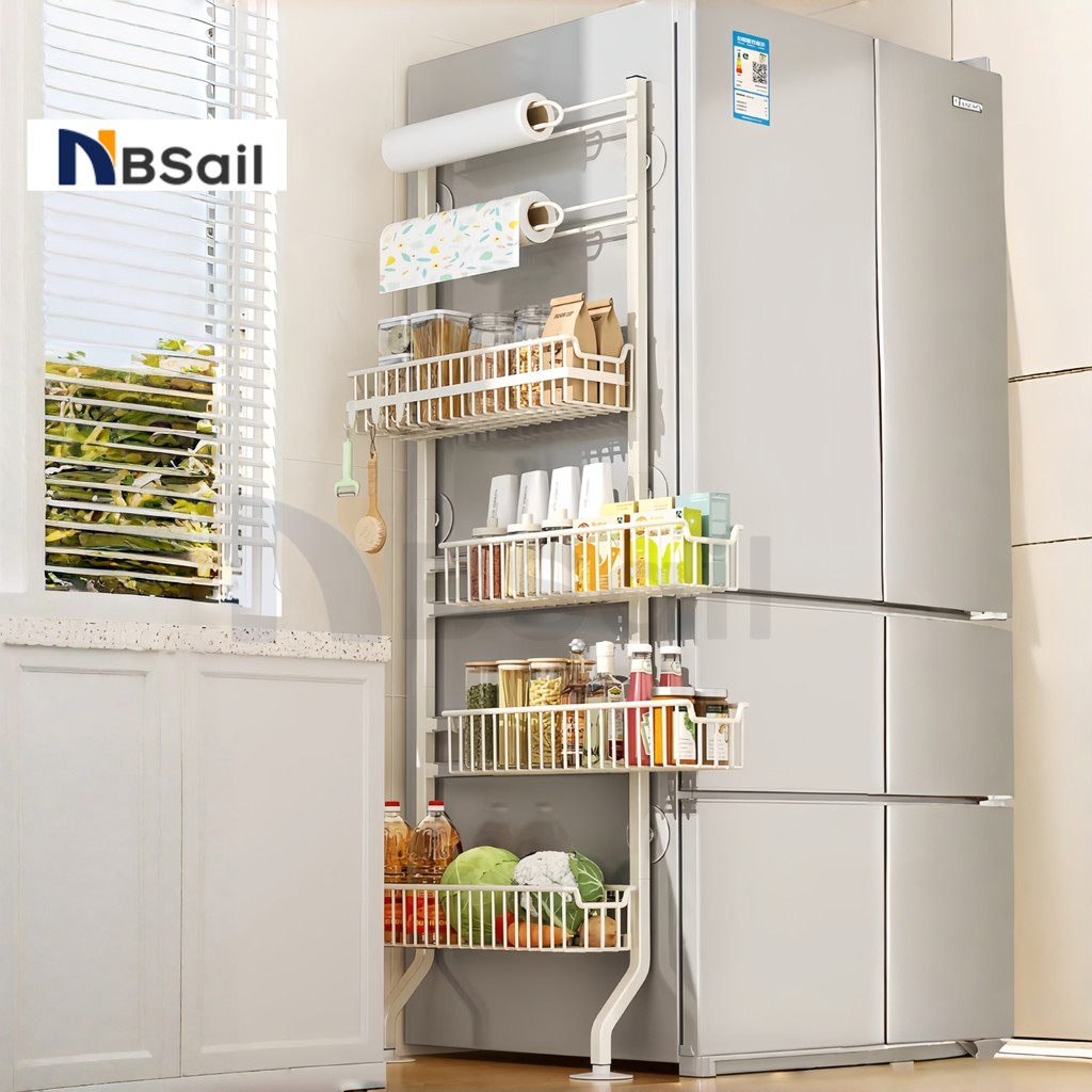 NBSail​​ ชั้นวางของแคบๆ ไม่ต้องเจาะรู ชั้นวางของอเนกประสงค์สำหรับติดข้างตู้เย็น ห้องนั่งเล่น ห้องน้ำ ห้องครัว