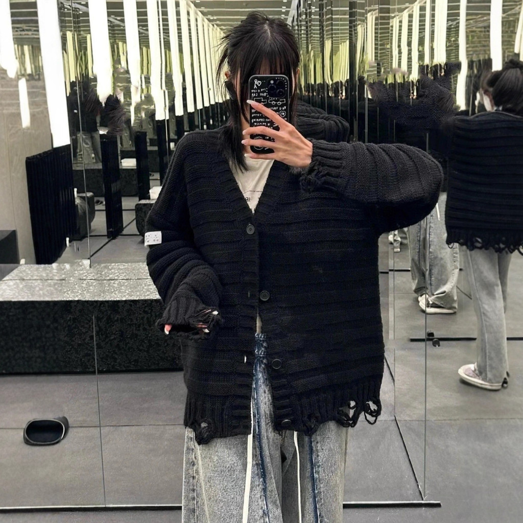 1BFA MM6 New Ripped Fuzzy Cardigan Sweater Coat Loose Fit Unisex