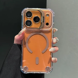 เคสโทรศัพท์แม่เหล็กโปร่งใสสําหรับ iPhone 11 12 13 14 15 16 17 Pro Max Air Plus วงเล็บเลนส์ป้องกันกรณีฝาครอบ
