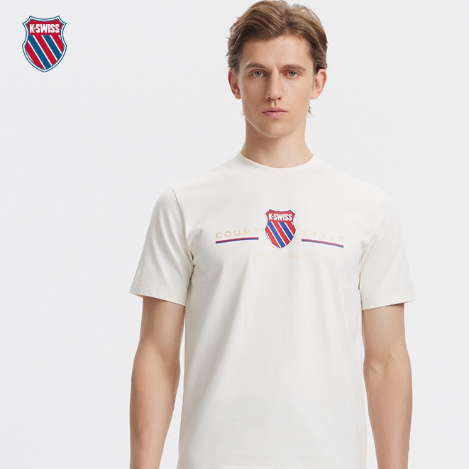 ผู้ชายและผู้หญิงสไตล์เดียวกัน Kswiss ผ้าฝ้ายแท้รอบคอ Casual พิมพ์ผู้ชายสบายๆแขนสั้น thirt