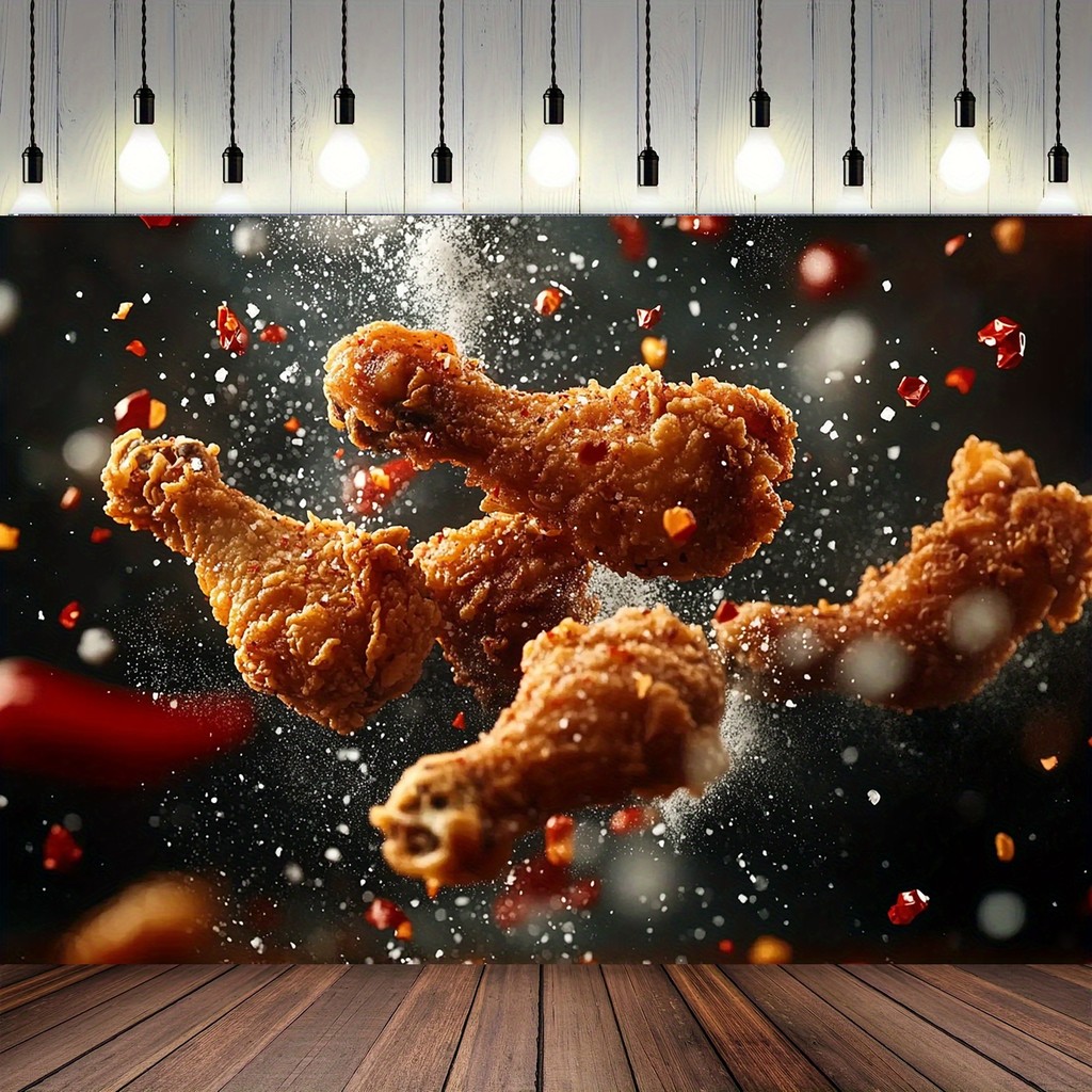 พื้นหลังปีกไก่ทอดตัวหนา1ชิ้น-ตกแต่งผนังโพลีเอสเตอร์สดใสเหมาะสําหรับร้านอาหารฟาสต์ฟู้ดเบอร์เกอร์ปาร์ตี้เหมาะมากสําหรับวันเกิดกิจกรรมและต