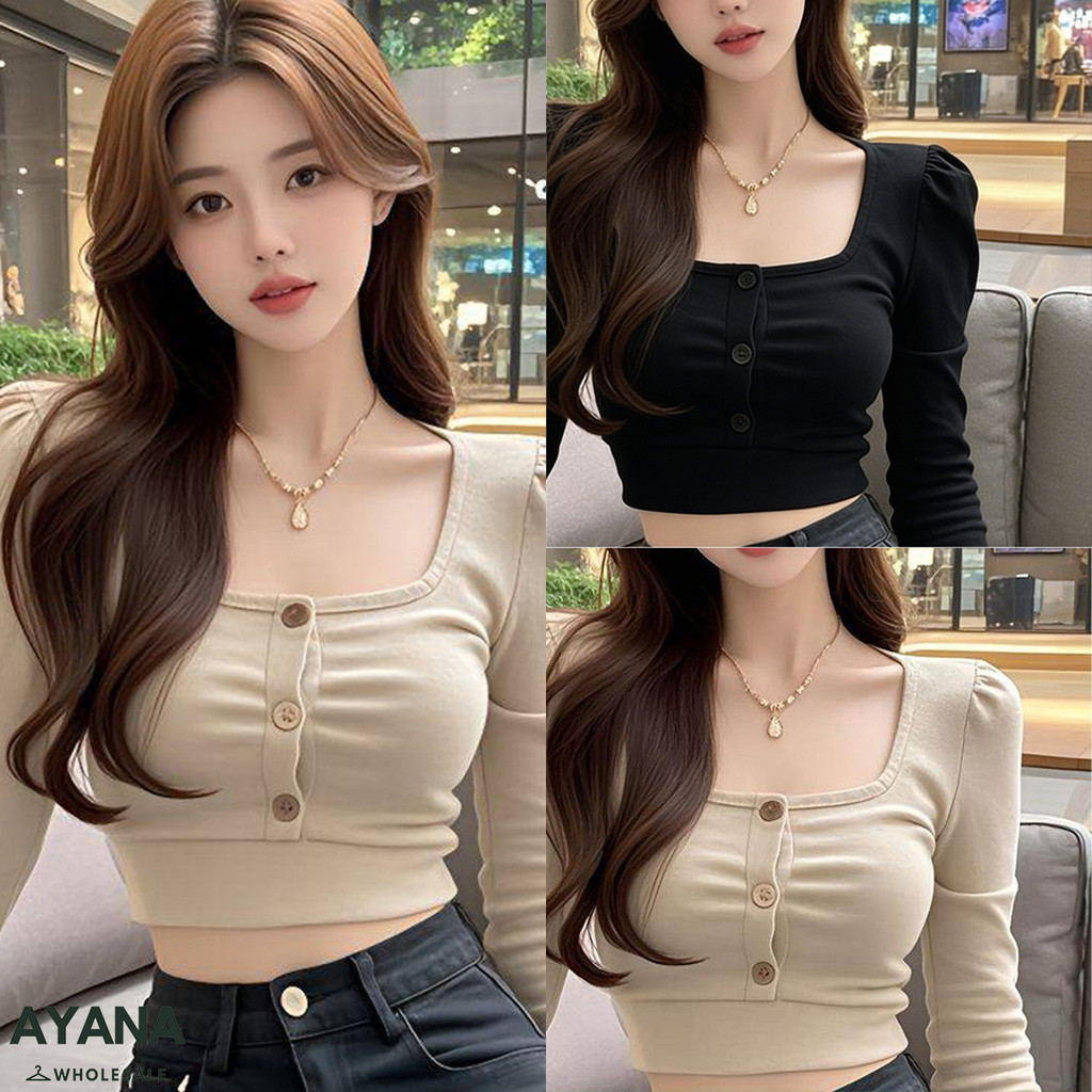 เสื้อครอปแขนยาวแฟชั่นผู้หญิง คอสี่เหลี่ยม ทรงสั้น สไตล์เกาหลี