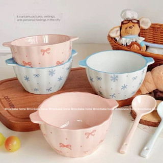 ขนมเซรามิค ชามมีหูจับ insโบว์น่ารัก สไตล์เกาหลี 5.5นิ้ว พร้อ…