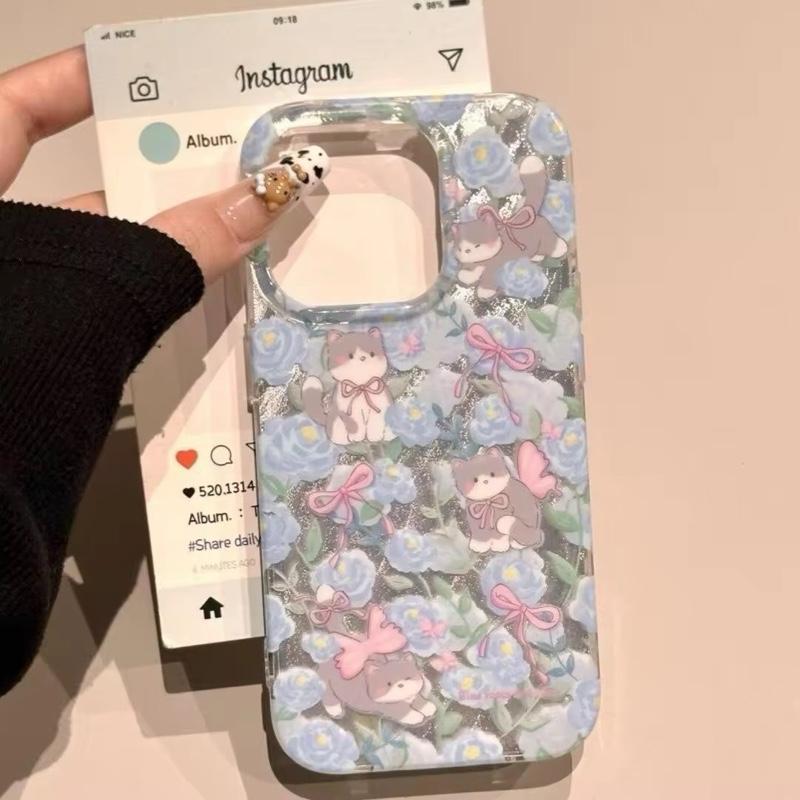 [i12pm-i17pm] PN059 เคสโฮโลแกรมพิมพ์ลายน้องแมวดอกไม้สีฟ้า ขอบใสนิ่ม กันกระแทก