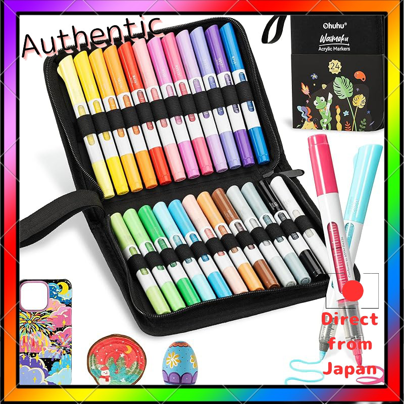 Ohuhu Acrylic Marker Brush & Round Tip 24 Color Set, Direct Liquid Type, Twin Tip Acrylic Pens, Opaq