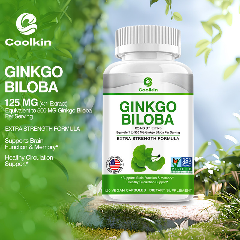 ผลิตภัณฑ์เสริมอาหาร Coolkin Ginkgo Biloba Extract บรรจุสารสกัดจาก 4:1 ขนาด 125 มก. เทียบเท่าใบแปะก๊วย 500 มก. ปราศจากกลูเตนและเหมาะสําหรับทั้งชายและหญิง