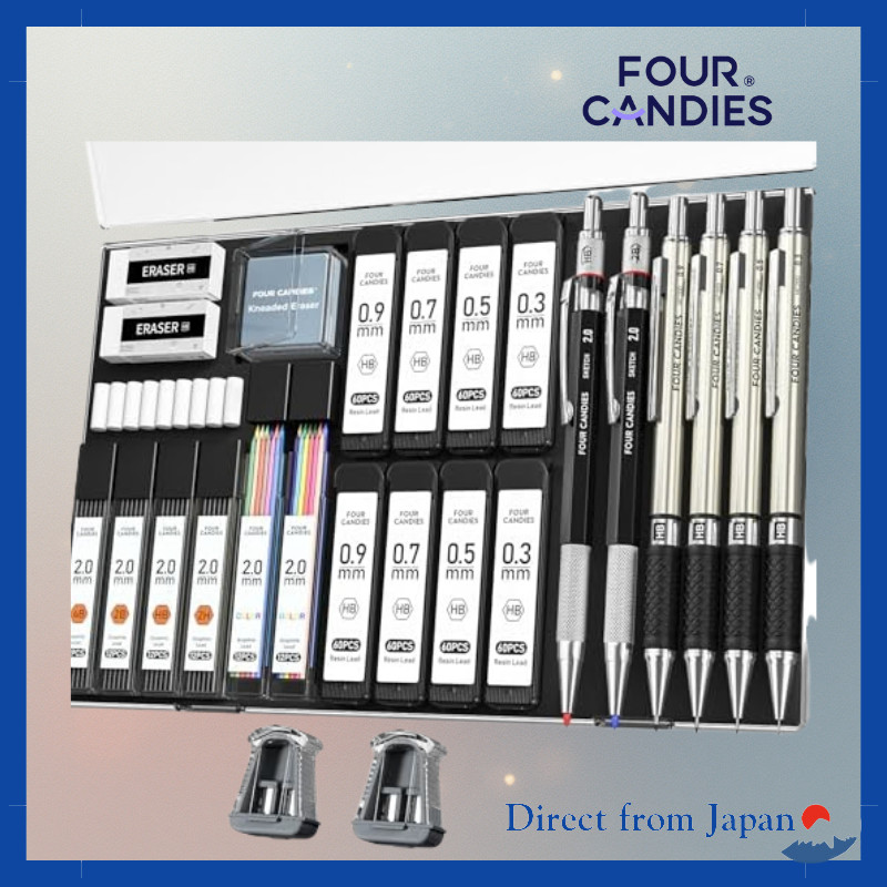 Four Candies Metal Mechanical Pencil Set 2mm Holders + 120 Leads (HB/2H/2B/4B)