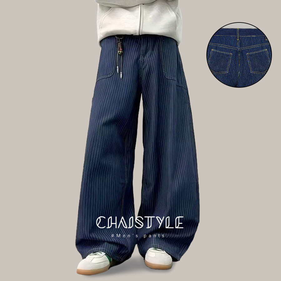 Chaistyle กางเกงยีนส์ลายทาง แบบหลวม แมทช์ลุคง่าย ทรงตรง ใส่ได้ทั้งชายและหญิง ยอดนิยมสไตล์อเมริกัน สีน้ำเงินเข้มวินเทจ