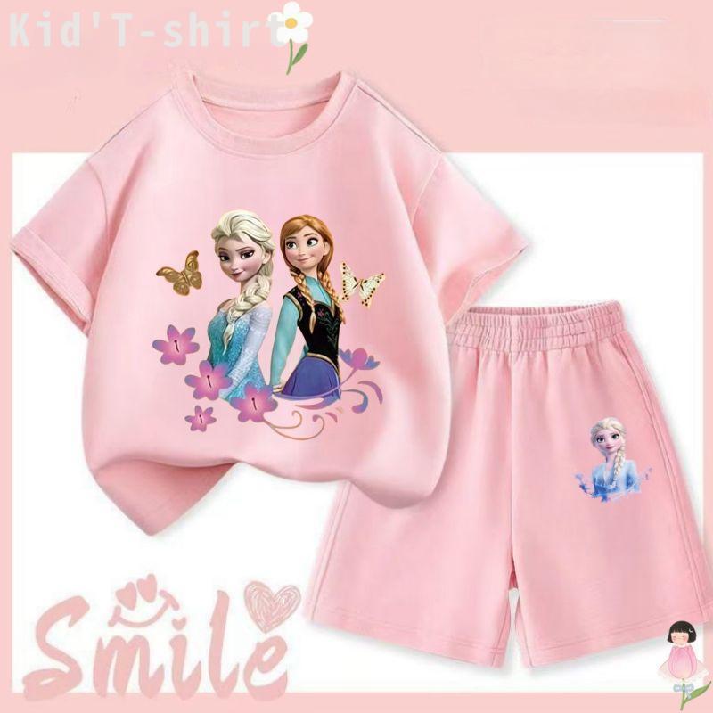 [COD] HOT（ชุดเสื้อยืดและกางเกงสั้นเด็ก）เสื้อยืดและกางเกงขาสั้นเด็กผู้หญิงแขนสั้น ชุด 2 ชิ้น ธีมเจ้าหญิงเอลซ่าแช่แข็ง เสื