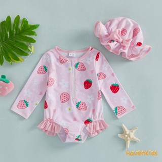 ชุดว่ายน้ำแขนยาวสตรอเบอร์รี่สำหรับเด็กหญิงอายุ 0-4 ปี พร้อมห…