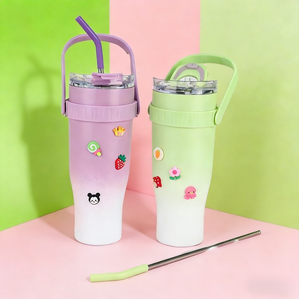 Cups แก้วเก็บความเย็น แก้วกาแฟความจุใหญ่ สเตนเลสแท้ลายน่ารัก ขนาดใหญ่40oz พร้อมหลอดดูด มีหูหิ้ว แก้วน้ำสเตนเลส ถ้วยรถ ราคา ถูกที่สุด ดีลบีเคเค แกลเลอรีภาพที่ 9