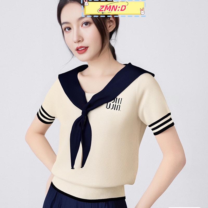 ZMN:D สีกรมท่าปักเสื้อยืดแขนสั้นผู้หญิงฤดูร้อน Preppy สไตล์เสื้อ RRT