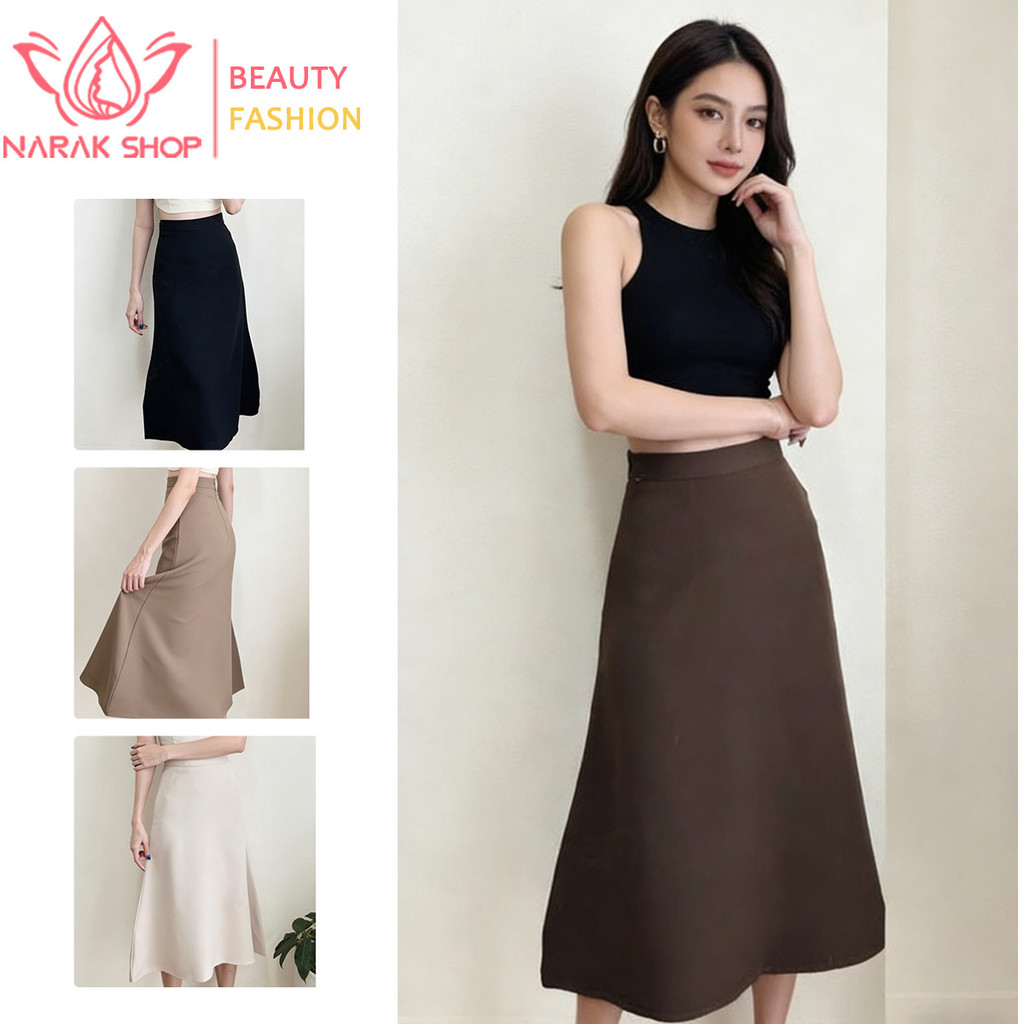 กระโปรง A-line ผ้าสูท สีดำ เอวสูง กระโปรงยาว ใส่ทำงาน