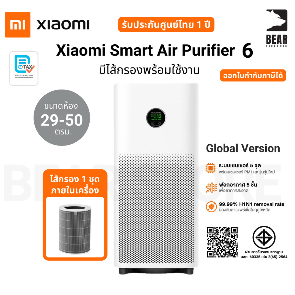 (พร้อมส่ง) Xiaomi Smart Air Purifier 6 พร้อมไส้กรองเครื่องฟอกอากาศ ขจัดเชื้อด้วย UVC ประกันศูนย์1ปี