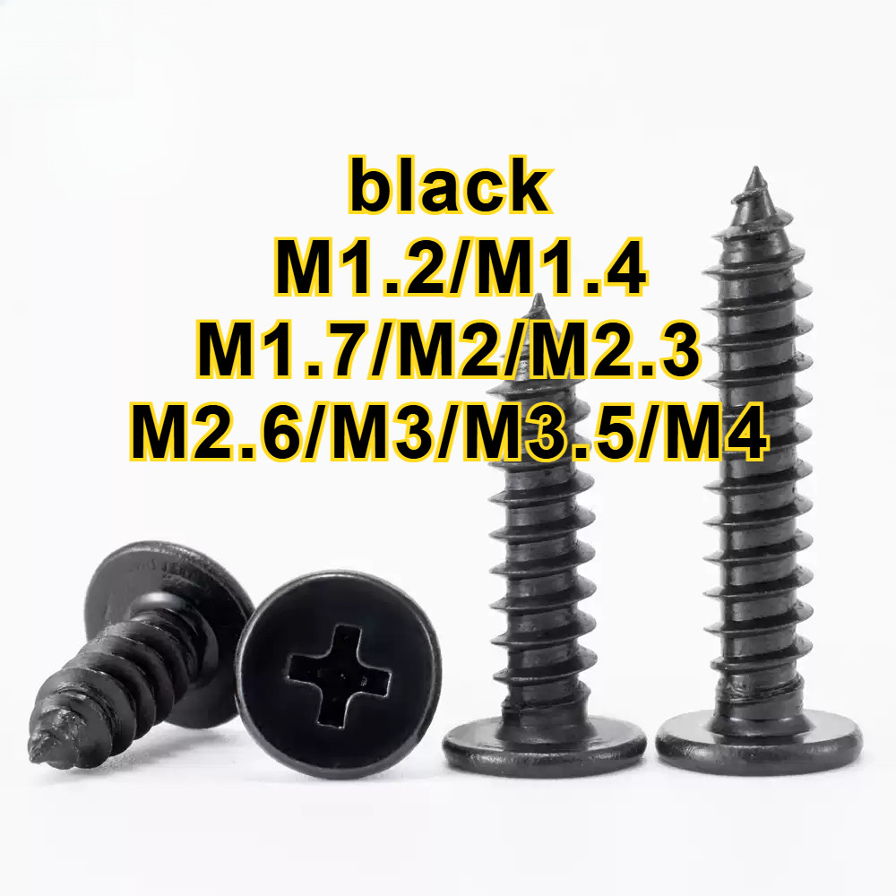 สีดํา CA หัวแบนสกรูเกลียวปล่อยหัวบางเฉียบข้ามหัวแบนแตะตัวเองเล็บ M1.2/M1.4/M1.7/M2/M2.3/M2.6/M3/M3.5