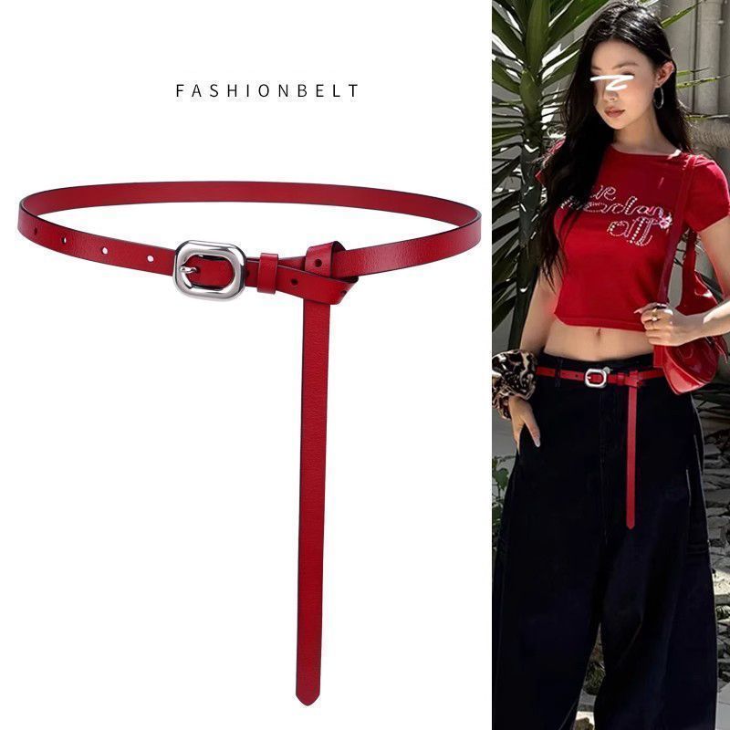 风细腰带女红色皮带装饰配牛仔裤裙子y2k复古风百搭配饰高级感1.29Red Leather Belt for Women, Slim Waist Belt, Decorative Accessory 