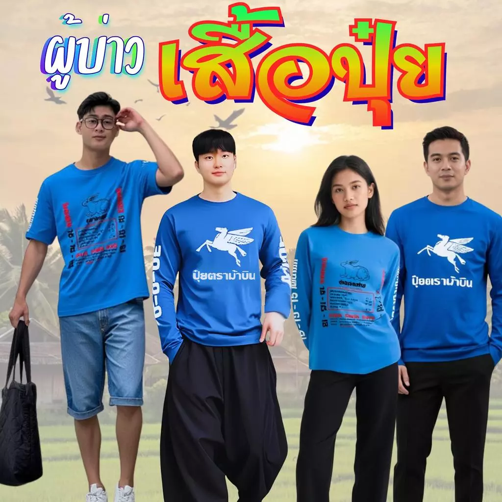 TMS เสื้อผ้ายืด คอกลม แขนยาว พิมพ์ลาย ผ้ากีฬา ใส่ได้ทั้งผู้ชาย ผู้หญิง ปุ๋ยไทบ้าน ไซส์ใหญ่ S-5XL ไม่ร้อน กระต่าย ม้าบิน