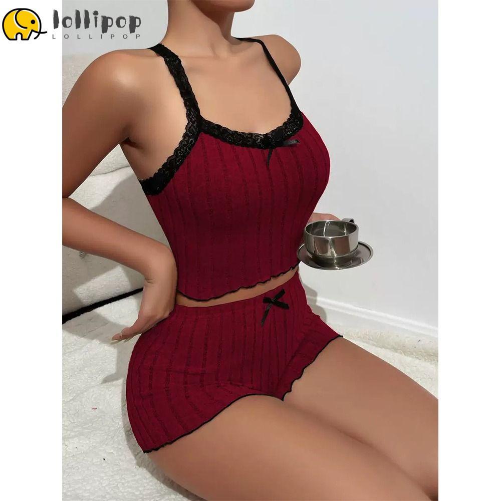 ชุดนอนRibbedสำหรับผู้หญิง 2 ชิ้น นุ่มและมีลูกไม้.Trim lettuce hem กางเกงขาสั้น และBow cami crop top