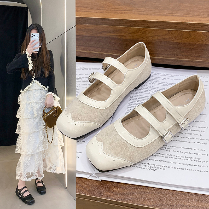 รองเท้า marry jane marry jane shoes รองเท้าแฟลตหัวเหลี่ยม Mary Jane สไตล์เกาหลี-retro สำหรับผู้หญิง 