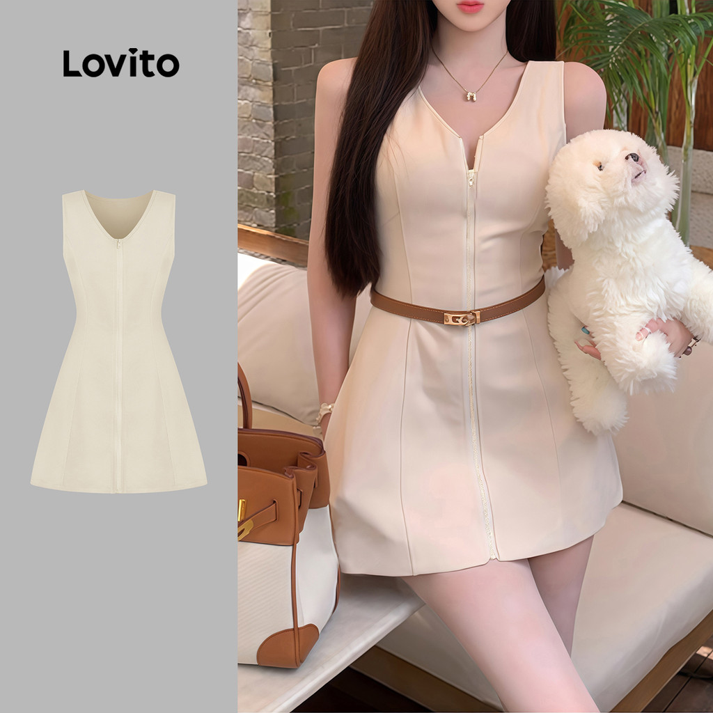 Lovito เดรสลําลองซิปฤดูร้อน/ฤดูใบไม้ผลิสําหรับผู้หญิงสีคากี L164ED015