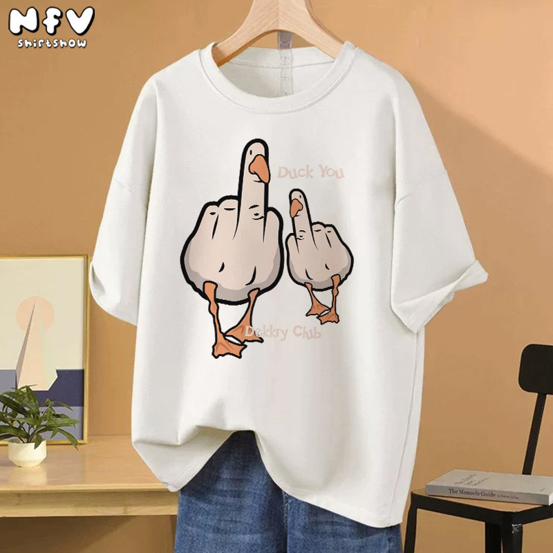 NFV เสื้อยืดคอกลมแขนสั้น✨แฟชั่นสไตล์เกาหลี ผ้าคอตตอน ลายเป็ด ผ้านิ่ม ขนาดใหญ่หลวม 100% Cotton t-shirt YG255 - รูปที่ 3