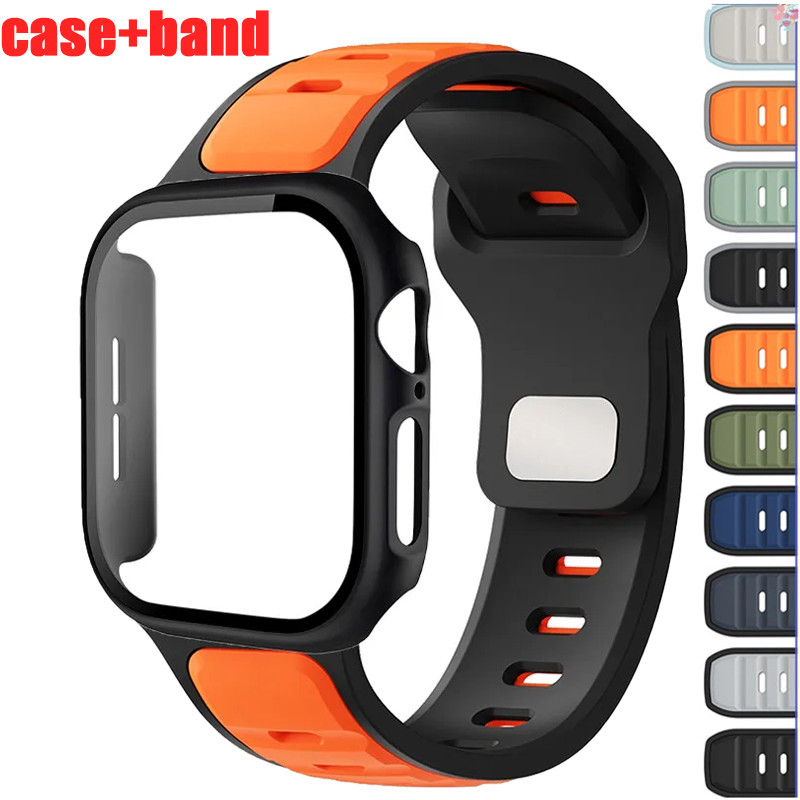 เคสพีซีหน้าจอ + สายซิลิโคน รองรับ Apple Watch Series 10/9/8/7/6/5/4/3/2/1 ขนาด 38/40/41/42/44/45/46 มม.