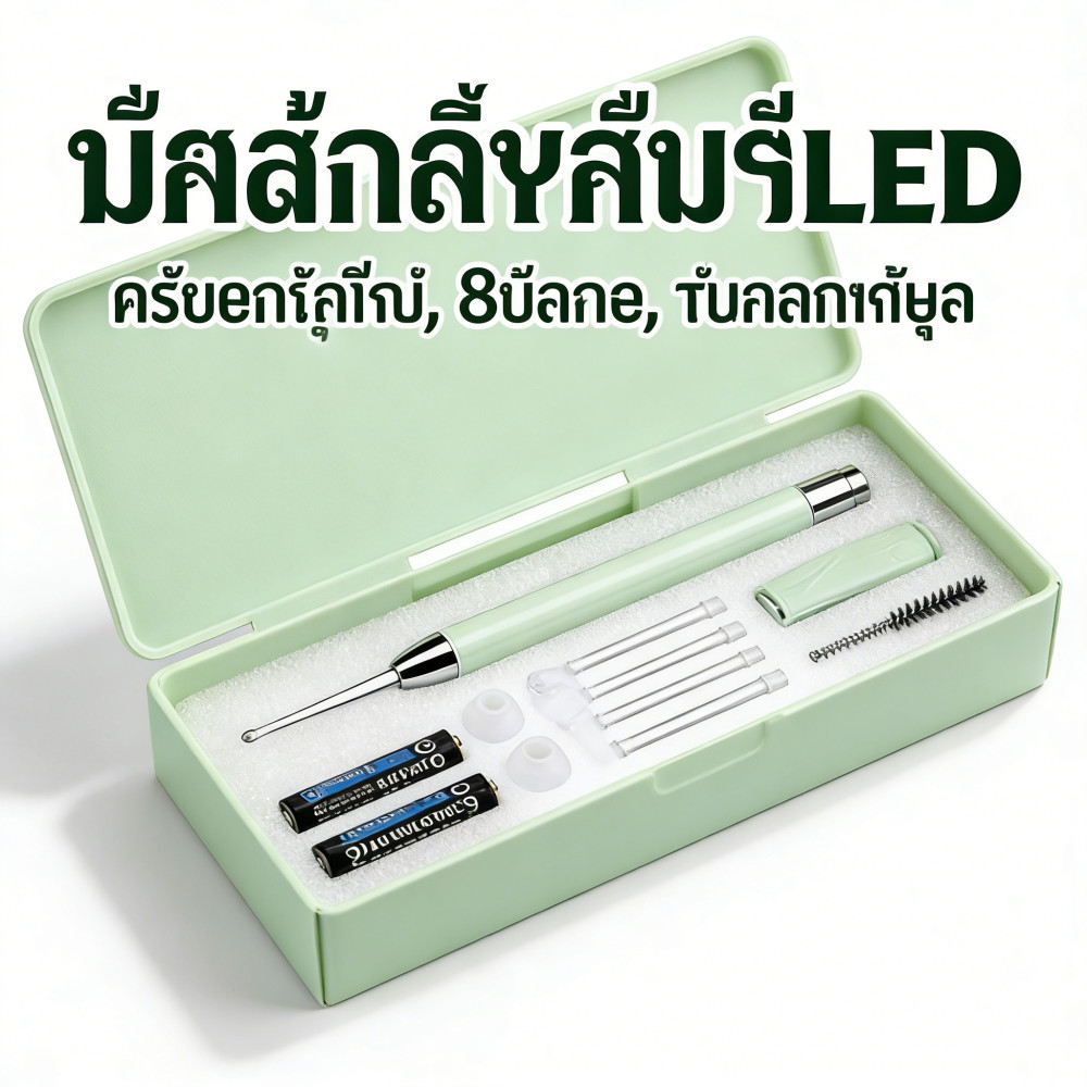 แว่นขยายความชัดสูง 8 เท่า ทำให้สว่างมองเห็นรูหูชัดเจน มีกล่อง ไม้แคะหูมีไฟ LEDที่แคะหูสเตนเลส ที่ทำความสะอาดหู