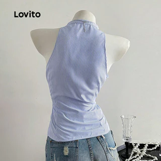 Lovito แคชชวล กระดุมลายทางลําลองเรขาคณิตจีบฤดูร้อนฤดูใบไม้ผลิเสื้อสายเดี่ยวสีฟ้าและสีขาวสําหรับผู้หญิง L135ED386