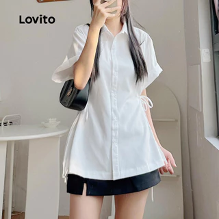 Lovito แคชชวล เสื้อเบลาส์สีขาวฤดูใบไม้ผลิ/ฤดูร้อนผูกเชือกลําลองสําหรับผู้หญิง เกาหลี อินเทรนด์ L136AD094