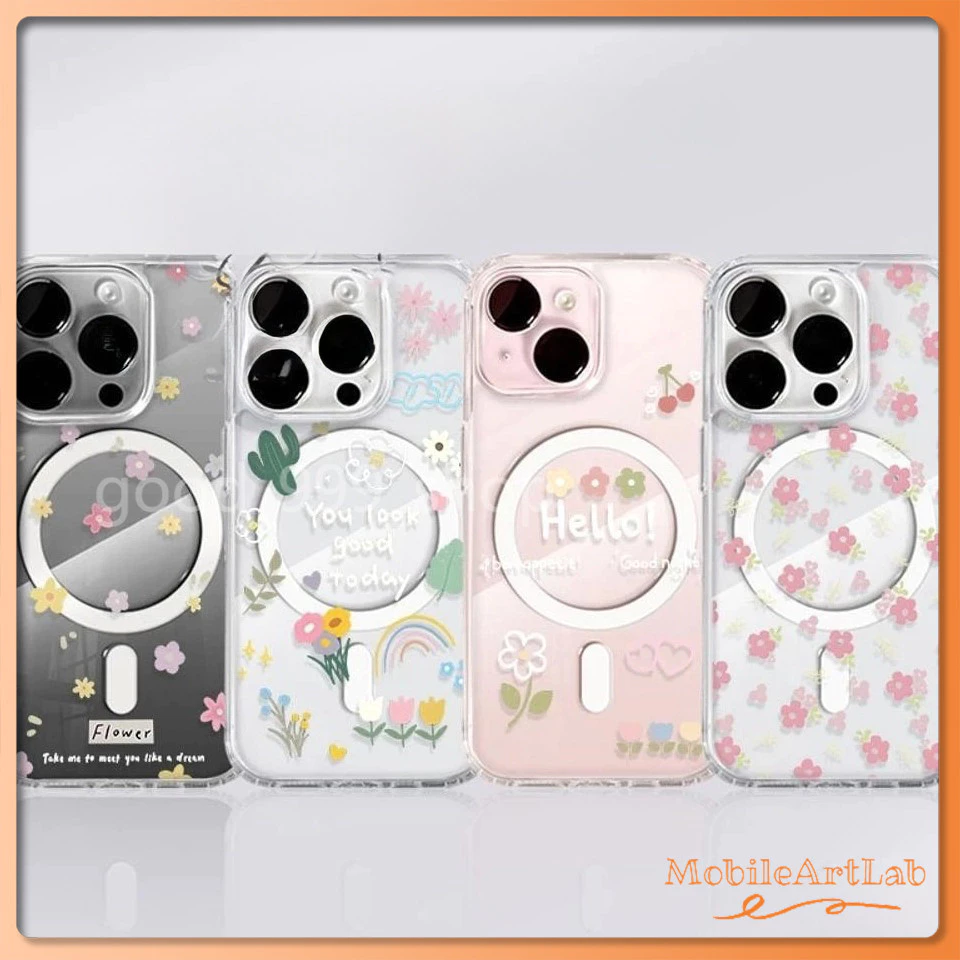 สำหรับ iPhone 17 PRO MAX เคส iPhone 11 เสริมสร้างแม่เหล็กอะคริลิคใสกระดานแข็ง TPU กรอบนุ่มกันกระแทก ดอกไม้ iP14 13 12 15