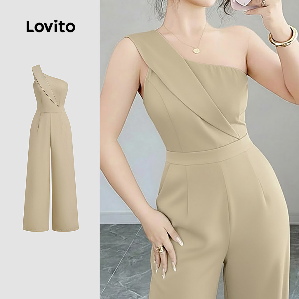Lovito สง่างาม ชุดจั๊มสูทสุดหรู ดีไซน์ไม่สมมาตร สีกากี สำหรับฤดูใบไม้ผลิและฤดูร้อน สำหรับผู้หญิง L171ED572