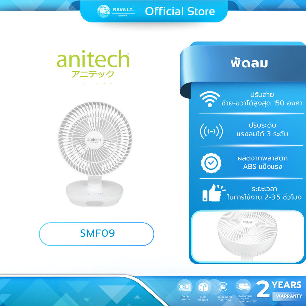 (มีส่งด่วน) ANITECH พัดลมชาร์จไฟ รุ่น SMF-09 WHITE พัดลมชาร์จไฟ ปรับระดับแรงลมได้ 3 ระดับ